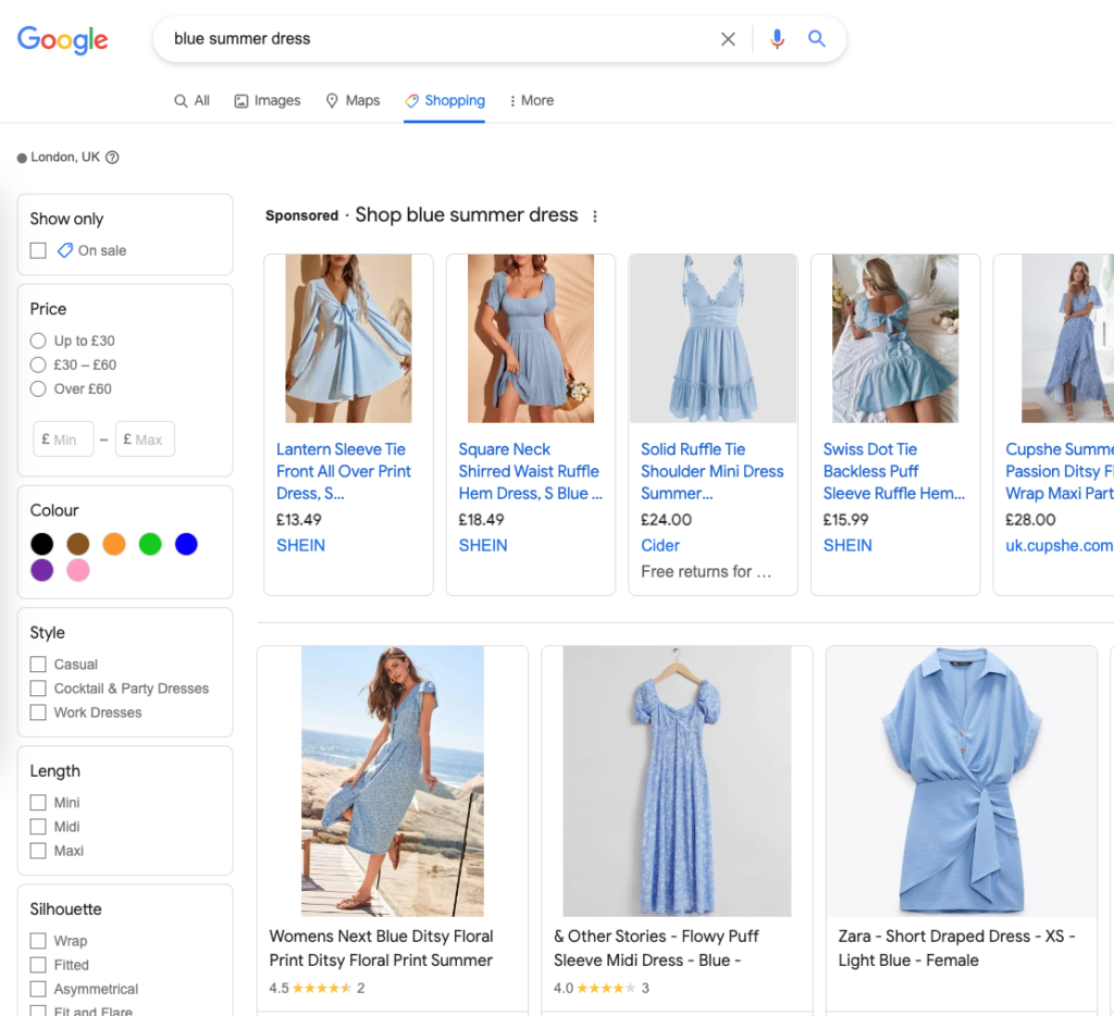 a screen shot of a dress shop page.
