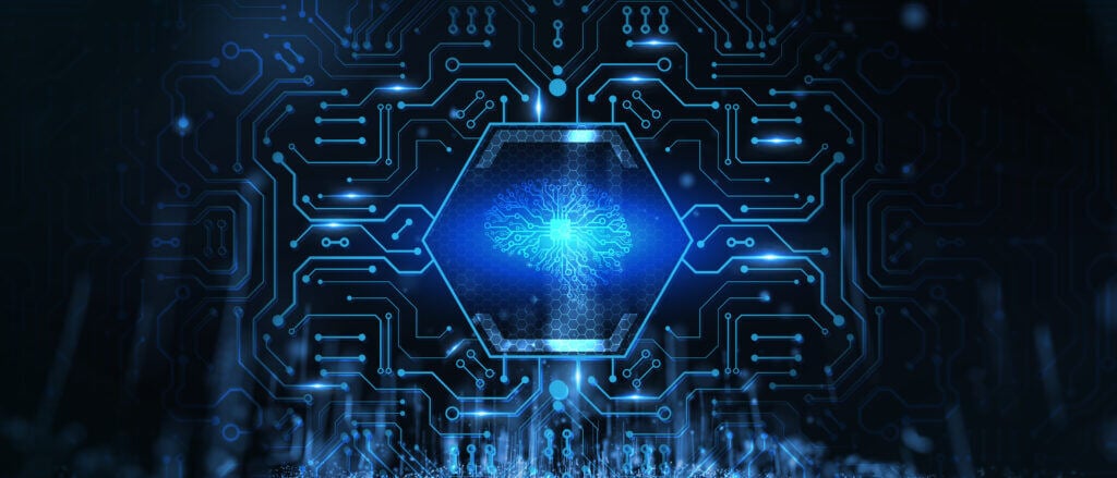 a computer circuit board with a blue flower in the center.