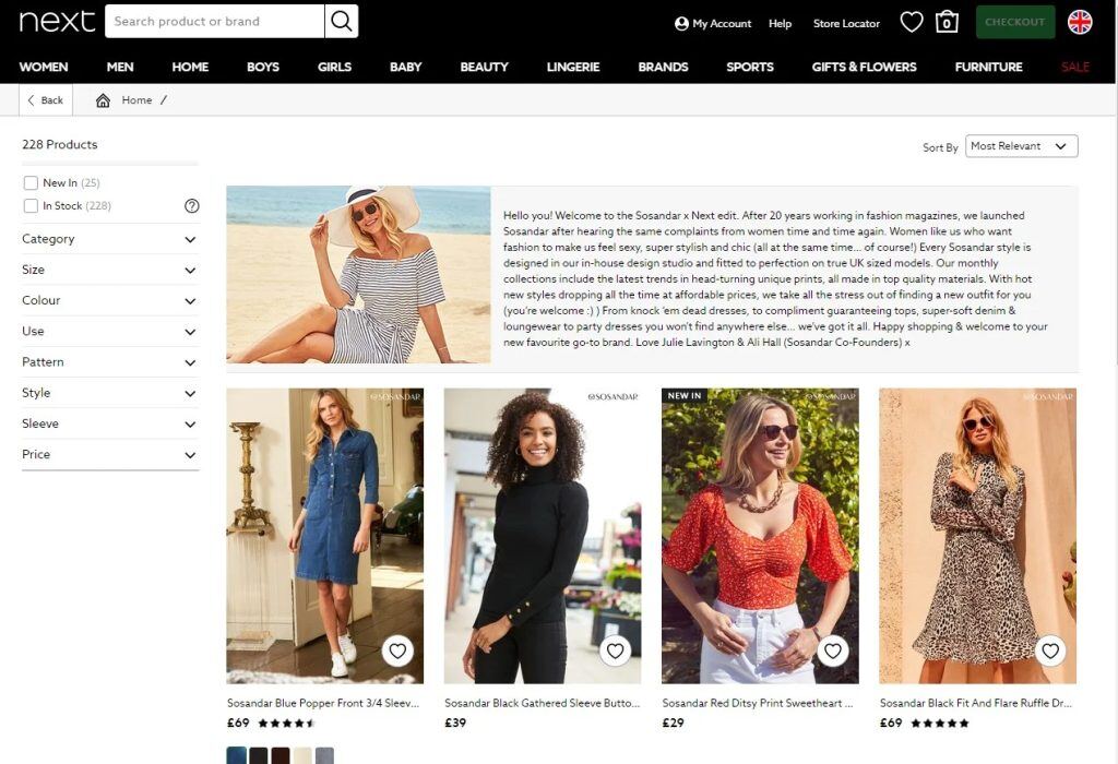 A webpage displays women's fashion items for sale, including a striped dress, blue dress, black top, red dress, and a floral dress. A welcoming note from the founders is seen at the top. Shopping options are on the left.